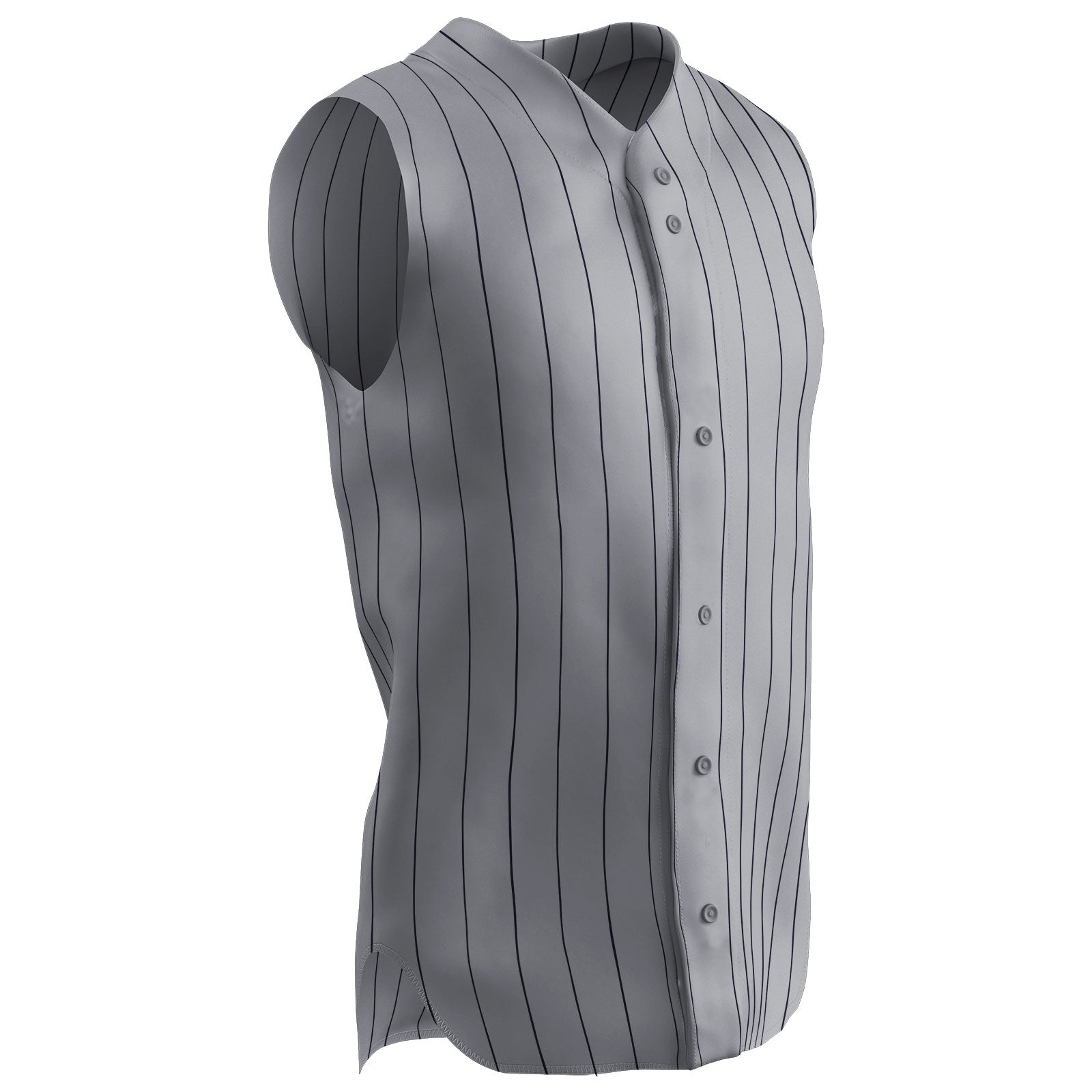 Sleeveless Warp Knit Pinstripe 6 Button Jersey GREY BODY, NAVY PIN